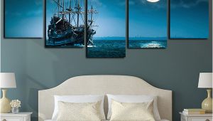 Full Moon Wall Murals 2019 5 Panels Canvas Print Wall Art Sailboat Seascape Picture Full Moon Night Sea Moonlight Ocean Ship Artwork Blue Ocean Poster From