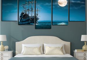 Full Moon Wall Murals 2019 5 Panels Canvas Print Wall Art Sailboat Seascape Picture Full Moon Night Sea Moonlight Ocean Ship Artwork Blue Ocean Poster From