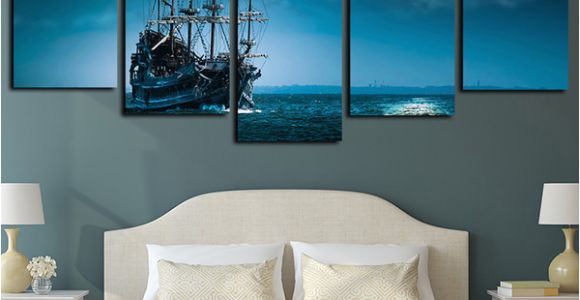 Full Moon Wall Murals 2019 5 Panels Canvas Print Wall Art Sailboat Seascape Picture Full Moon Night Sea Moonlight Ocean Ship Artwork Blue Ocean Poster From