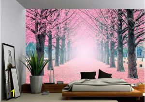 Giant Wall Mural Decals Foggy Pink Tree Path Wall Mural Self Adhesive Vinyl Wallpaper Peel & Stick Fabric Wall Decal