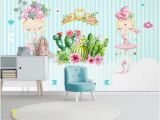 Girl Room Mural Wall Custom Size 3d Wallpaper Mural Kids Room Blue Striped Ballet Girl Cactus 3d Picture sofa Backdrop Wallpaper Mural Non Woven Sticker Free Hd