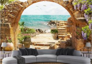 Golf Mural Wallpaper Custom 3d Mural Wallpaper Garden Stone Arch Sea View 3d Background