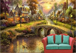 Golf Wallpaper Murals European Style Village forest House Night Scene Pil Painting Tv Wall