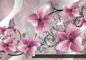 Grey Petals Wall Mural Pink Flowers On Grey Background Pattern Wallpaper Mural