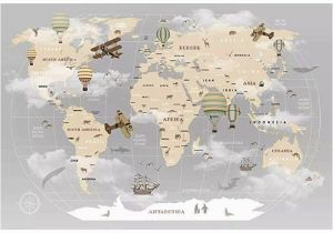 Half Size Wall Murals Pennie Vintage World Map Hot Air Balloon Textile Texture Wall Mural