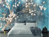 Hand Painted Floral Wall Murals Blue Color Magnolia Flowers Wallpaper Wall Murals