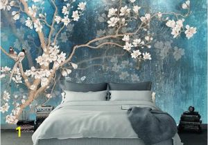 Hand Painted Floral Wall Murals Blue Color Magnolia Flowers Wallpaper Wall Murals