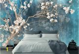 Hand Painted Flower Wall Mural Blue Color Magnolia Flowers Wallpaper Wall Murals