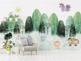 Hand Painted Nursery Wall Murals Kids Wallpaper Cartoon Tree and Animals Wall Mural Child