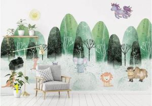 Hand Painted Nursery Wall Murals Kids Wallpaper Cartoon Tree and Animals Wall Mural Child