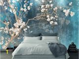 Hand Painted Tree Wall Murals Blue Color Magnolia Flowers Wallpaper Wall Murals