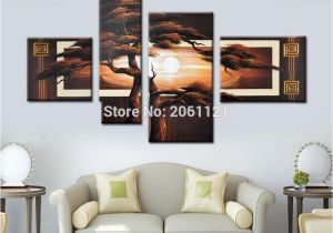Hand Painted Tree Wall Murals Handpainted 4 Piece Wall Picture Tree Landscape Black Brown Modern Abstract Canvas Oil Paintings for Living Room Wall Decoration