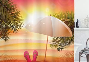 Hawaiian Sunset Wall Mural Ambesonne orange Shower Curtain Sunset at the Beach with Flip Flops Umbrella and Palm Trees Illustration Cloth Fabric Bathroom Decor Set with Hooks