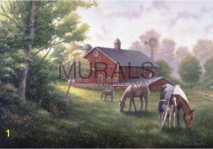 Horse Stable Wall Mural Country Road with Horses and Barn Mural Wallpaper