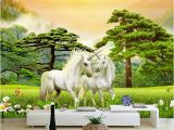 Horse Wall Murals Cheap Wallpaper 3d White Horse Green forest Nature Scenery Murals