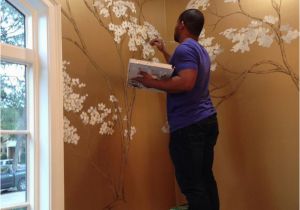 Indoor Wall Mural Ideas Hand Painted Cherry Blossoms On Metallic Gold Wall …