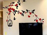 Japanese Cherry Blossom Tree Wall Mural Cherry Blossom Tree Flying Birds with Birdcage Wall Decals Kitchen Nursery Living Room Wall Stickers Wall Art Murals