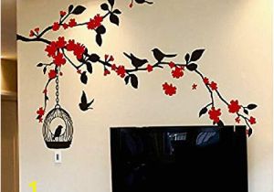 Japanese Cherry Blossom Tree Wall Mural Cherry Blossom Tree Flying Birds with Birdcage Wall Decals Kitchen Nursery Living Room Wall Stickers Wall Art Murals