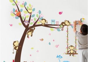 Jungle Mural for Nursery forest Animals Tree Wall Stickers for Kids Room Monkey Bear Jungle