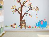 Jungle Mural for Nursery Jungle Animals Bear Owl Elephant Tree Wall Sticker for Kids Baby