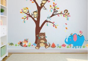 Jungle Mural for Nursery Jungle Animals Bear Owl Elephant Tree Wall Sticker for Kids Baby