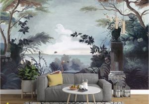Jungle Mural Wall Hanging Dark forest and Seascape with Pelican Birds Wallpaper Mural