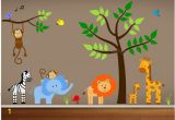 Jungle Safari Wall Mural Jungle Wall Decals Tree Zebra Elephant Monkey by