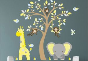 Jungle themed Nursery Wall Murals Jungle Decal Boys Safari Wall Stickers Yellow Blue and