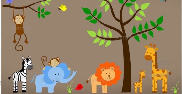 Jungle themed Nursery Wall Murals Jungle Wall Decals Tree Zebra Elephant Monkey by