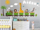 Jungle Wall Mural for Nursery Personalized Jungle Safari Animals Train Wall Decal Set Monkey Zebra