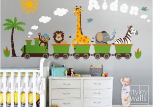 Jungle Wall Mural for Nursery Personalized Jungle Safari Animals Train Wall Decal Set Monkey Zebra