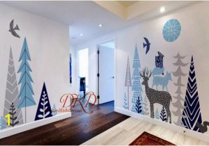 Kids Mountain Wall Mural Woodland forest Nursery Wall Decal Kids Room Decal Vinyl Wall Sticker Mountain Wall Decor Tree Deer Owl Birds Fox Squirrel Dk172