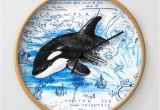 Killer Whale Wall Murals Breaching Baby orca Watercolor Blue Vintage Map Wall Clock