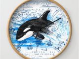 Killer Whale Wall Murals Breaching Baby orca Watercolor Blue Vintage Map Wall Clock