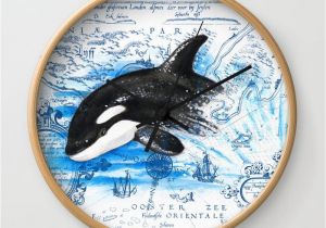Killer Whale Wall Murals Breaching Baby orca Watercolor Blue Vintage Map Wall Clock