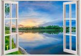 Lake Scene Wall Mural Sunset Over Lake Wall Sticker 3d Window Sunset Reflective