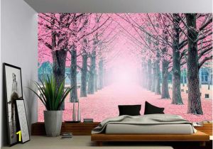Landscape Wall Murals Wallpaper Foggy Pink Tree Path Wall Mural Self Adhesive Vinyl Wallpaper Peel & Stick Fabric Wall Decal