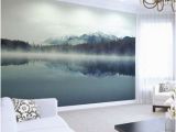 Large forest Wall Mural Mountain Lake Wallpaper Mural Foggy Ombre Mountain Lake