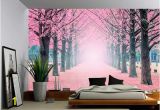 Large Landscape Wall Mural Foggy Pink Tree Path Wall Mural Self Adhesive Vinyl Wallpaper Peel & Stick Fabric Wall Decal