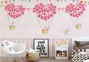 Little Girl Room Wall Murals Nursery Wallpaper for Kids Pink Hot Air Balloon Wall Mural Cartoon Rabbit Wall Art Girls Boys Bedroom Baby Room Play Room Children Rooms