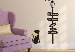 London themed Wall Murals Stylish Street Lamp and Kitten Pattern Removeable Wall