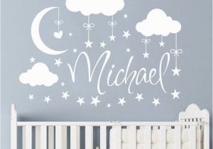 Man On the Moon Wall Mural Personalized Name Wall Decal Clouds Moon Stars Wall Sticker Babys