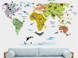 Map Wall Mural Decal Cartoon World Map Wall Stickers for Kids Room Decorations Animals Mural Art Zoo Children Home Decals