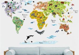 Map Wall Mural Decal Cartoon World Map Wall Stickers for Kids Room Decorations Animals Mural Art Zoo Children Home Decals