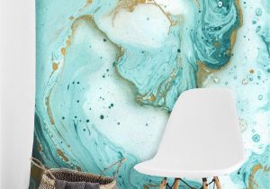 Marbled Agate Wall Mural Painted Marble Wallpaper Mural Teal and Gold M9253