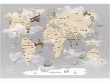 Metal World Map Wall Mural Pennie Vintage World Map Hot Air Balloon Textile Texture Wall Mural