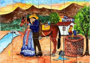 Mexican Mural Tiles Tile Mural "kissing Couple" Rustic Kitchens