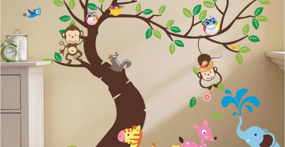 Monkey Murals for Nursery Oversize Jungle Animals Tree Monkey Owl Removable Wall Decal