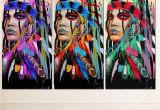 Native American Indian Wall Murals Modern Native American Indian Girl Feathered Canvas Painting for