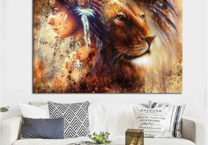 Native American Wall Murals Hd Print Abstract Native American Girl Indian Feathered Lion Animal